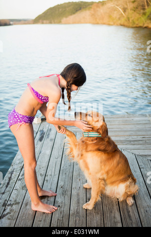 A girl in a bikini with a golden retriever dog lifting its paw up. Stock Photo