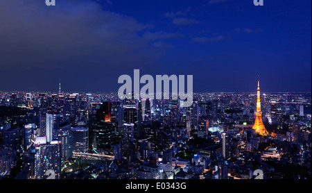 License available at MaximImages.com - Artistic panoramic nighttime scenery of illuminated Tokyo tower in city landscape with Tokyo Skytree in the bac Stock Photo