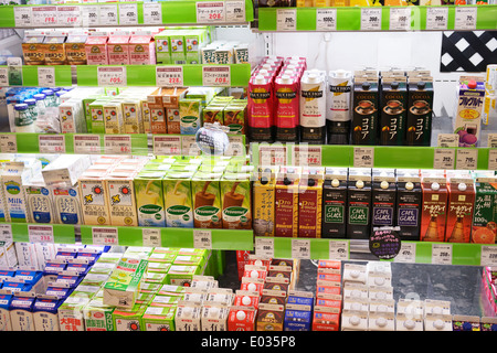 Non-alcoholic drinks, coffee, tea, milk, yogurt on display in a Japanese supermarket. Tokyo, Japan.