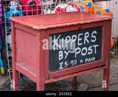 Kippers by post sign in Whitby, North Yorkshire, England.UK Stock Photo