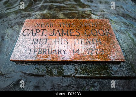 Plaque marking the spot where Captain James Cook was killed, Kealakekua Bay, Kona Coast, Hawaii USA Stock Photo