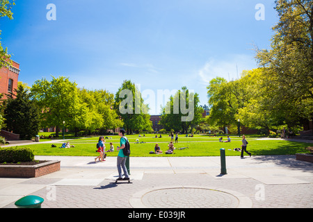 Grass plaza in front of the Lillis Business School at the University of Oregon with students relaxing and sitting. Stock Photo