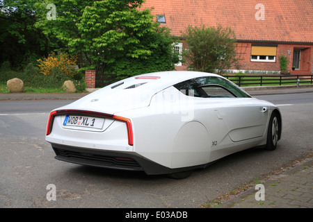 VW XL1 extended range 280 mpg Eco automobile, prototyp  being tested at german countryside in April 2014, Lower Saxony, Germany Stock Photo