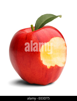 Red apple with green leaf missing a bite isolated on a white background. Stock Photo