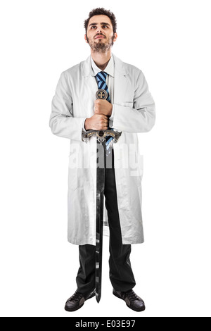 a young and handsome doctor or medical student with a long medieval sword Stock Photo