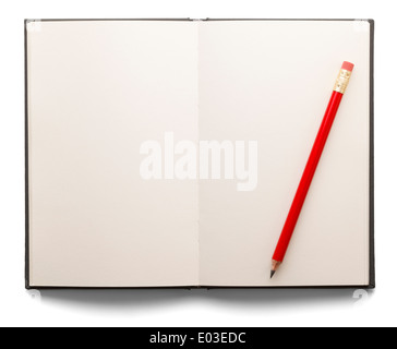 Open book with white pages and a red pencil on a white isolated background. Stock Photo