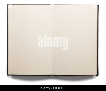 Blank white pages in an open hardcover book isolated on a white background.