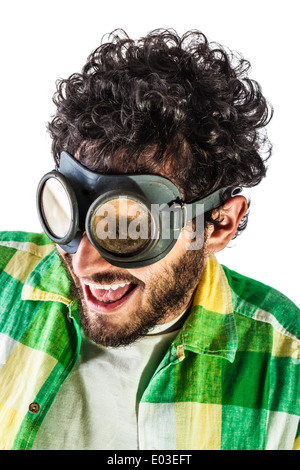 a guy wearing casual clothes and on old pair of goggles over a white background Stock Photo