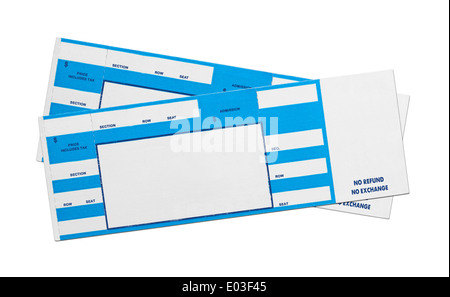 Pair of Blank Blue Concert Performance Tickets Isolated on White Background. Stock Photo