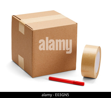 Brown cardboard box with packing supplies on isolated on white background. Stock Photo