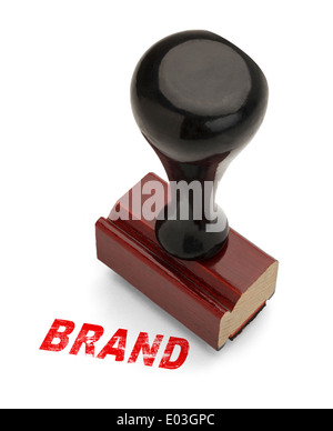 Brand Stamp in Red Ink With Wooden Handle Rubber Stamper Isolated on White Background. Stock Photo