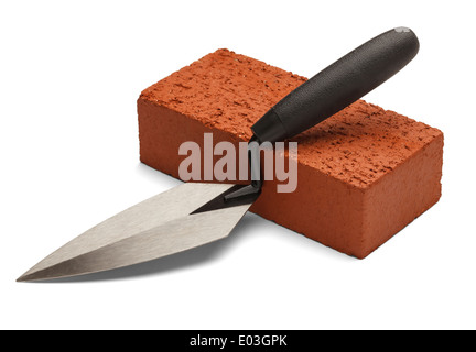 Single red brick with trowel isolated on white background. Stock Photo