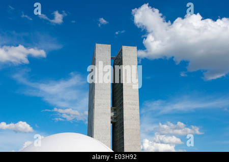 National Congress Complex designed by architect Oscar Niemeyer, domed Senate and Parliament office tower, Brasilia, Brazil Stock Photo