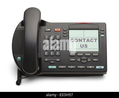 Black Office Phone With Contact Us Isolated on White Background. Stock Photo