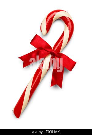 Christmas Candy Cane with Red Bow Isolated on White Background. Stock Photo