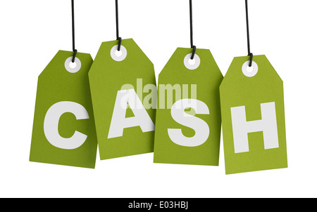 Four Green Tags with the Word Cash Isolated on White Background. Stock Photo