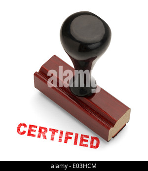 Wooden Handle Stamper with Red Certified Stamp Isolated on White Background. Stock Photo