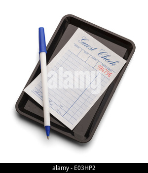 Black tray with blue check and pen isolated on a white background.