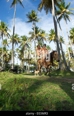 BAHIA, BRAZIL - MARCH 9, 2014: Two Brazilian working men share a ride on a mule through a palm plantation on the Coconut Coast. Stock Photo