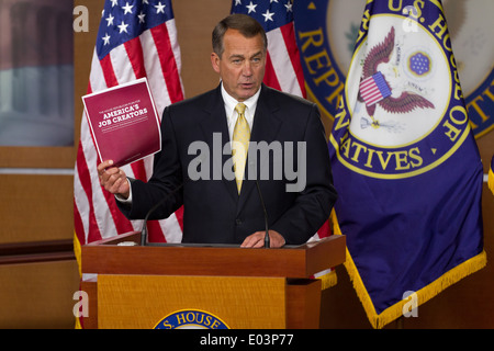 US Speaker of the House John Boehner discusses the Republican Plan for America’s Job Creators at his weekly press conference October 13, 2011 in Washington, DC. Stock Photo