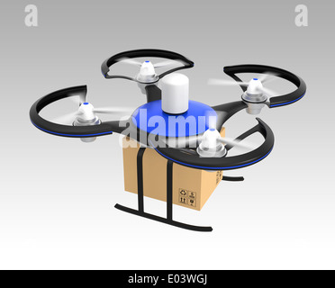 Drone carrying carton parcel flying in the sky. for fast delivery service concept. Stock Photo