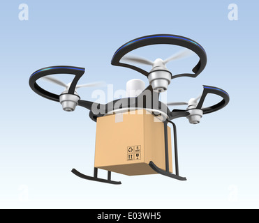 Drone carrying carton parcel flying in the sky. for fast delivery service concept. Stock Photo