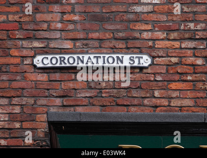 cast iron road name plate sign on the wall of the Rovers Return on set of Coronation Street,UK's longest running TV soap opera Stock Photo