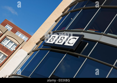 Close up of BBC building exterior logo sign signage Hull East Yorkshire England UK United Kingdom GB Great Britain Stock Photo