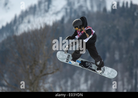 Rebecca Torr (NZL) competing in Women's Snowboard Slopestyle at the Olympic Winter Games, Sochi 2014 Stock Photo