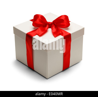 Present Box with Lid Top and Red Bow With Ribbon Isolated on White Background. Stock Photo
