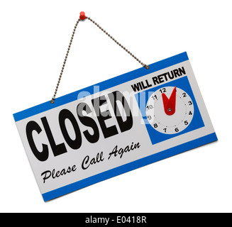 Hanging door sign that says closed and is isolated on a white background. Stock Photo