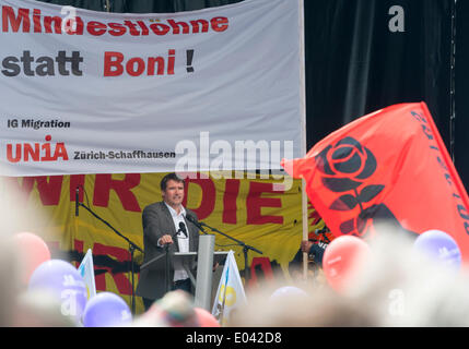 Zurich, Switzerland. 1st May, 2014. Christian Levrat, head of Switzerland's Socialist Party (SP) speaks at Zurich's official May Day protest rally on Saechselaeutenlatz. Credit:  Erik Tham/Alamy Live News Stock Photo