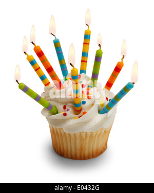 Cupcake with Lots of Candles Isolated on White Background. Stock Photo
