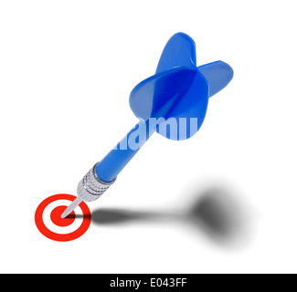 Blue Dart Stuck in Red Target Isolated on White Background. Stock Photo