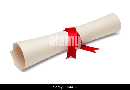 Diploma tied with red ribbon on a white isolated background. Stock Photo