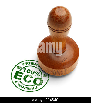 Green 100% Eco Friendly Stamp with Wooden Stamper Isolated on White Background. Stock Photo