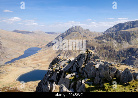 Ogwen valley and Mount Tryfan seen from Y Garn south east ridge in mountains of Snowdonia National Park Ogwen Gwynedd North Wales UK Stock Photo