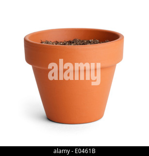 Orange Terracotta Pot with Soil Isolated on White Background. Stock Photo