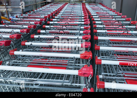 Shopping carts of Interspar supermarket in rows Stock Photo