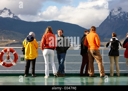 passengers on board ship in the beagle channel leaving ushuaia argentina Stock Photo
