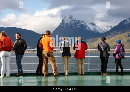 passengers on board ship in the beagle channel leaving ushuaia argentina Stock Photo