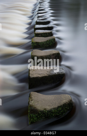 Long exposure, low viewpoint close-up of water flowing round stepping stones crossing a river - River Wharfe, Ilkley, West Yorkshire, England, UK. Stock Photo