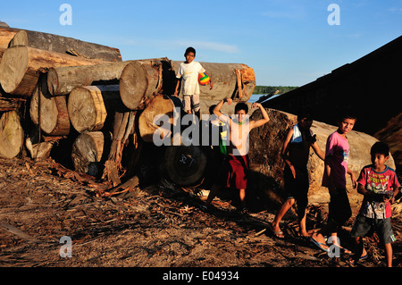 Wood transport - Port of Punchana in IQUITOS . Department of Loreto .PERU Stock Photo