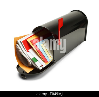 Open Black Mailbox Filled with Mail Isolated on White Background. Stock Photo