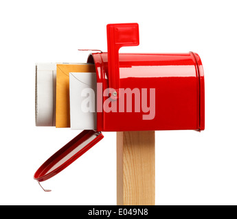 Side View of an Open Red Mailbox With Mail Isolated on White Background. Stock Photo