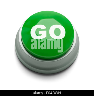 Large green button with the word go on it isolated on a white background. Stock Photo