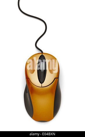 Gold Computer Mouse With Cord Isolated on White Background. Stock Photo