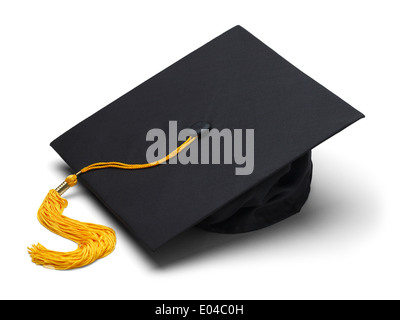 Black Mortar Board Cap with Yellow Tassel Isolated on White Background. Stock Photo