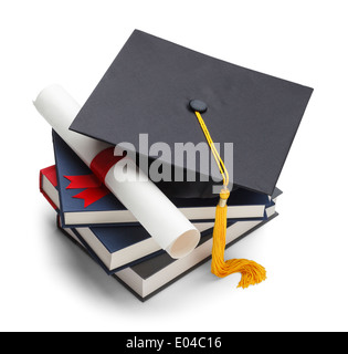 Books with Graduation Cap and Degree Isolated on White Background. Stock Photo