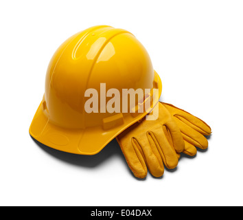 Construction Helmet and Leather Work Gloves Isolated on White Background. Stock Photo